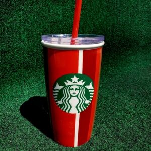 Starbucks Holiday Ceramic Tumbler Red Stripe Double Wall Travel 12 Oz Mug Cup